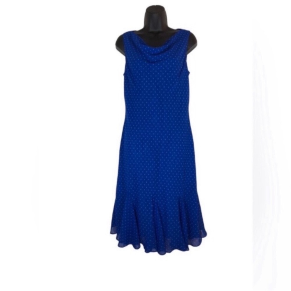 CHAPS Ralph Lauren Dress Size 8 Cowl neck Ruffle hemline Royal blue polka dot